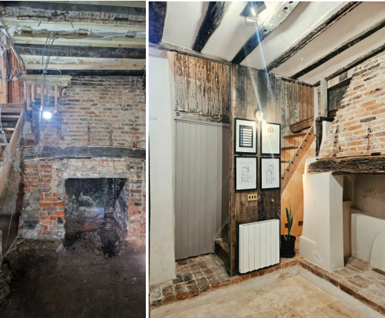 Restoring a historical building interior. Restored inglenook and exposed 770 year old timber