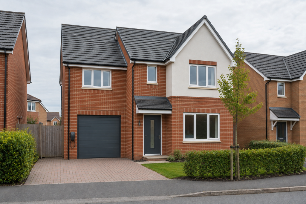 New build home circa 2024 with electric charging point, composite door and garage door. brick paved driveway